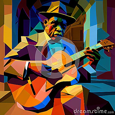 Afro-American male musician guitarist playing a guitar in an abstract cubist style painting Cartoon Illustration