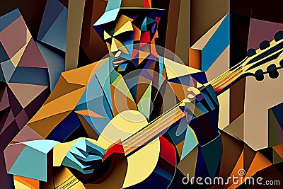 Afro-American male musician guitarist playing a guitar in an abstract cubist style painting Cartoon Illustration