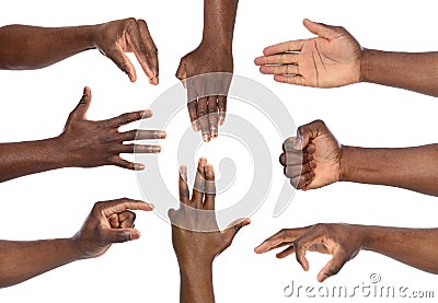 Afro-American man showing different gestures on white background, closeup view Stock Photo