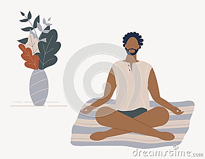Afro-american man sitting with his legs crossed on floor and meditating. Young guy in yoga posture doing meditation, mindfulness Vector Illustration