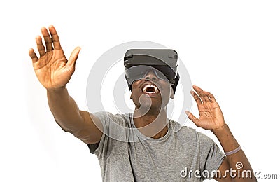 Afro american man wearing virtual reality vr 360 vision goggles enjoying video game Stock Photo