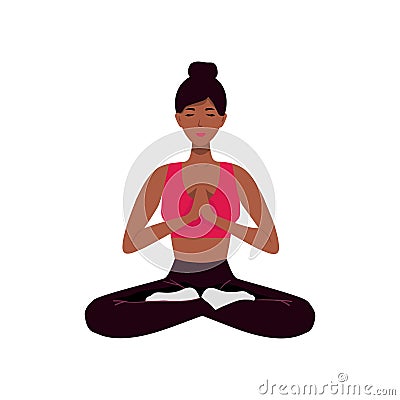 afro american meditating woman. Vector illustration of cartoon young woman sitting in yoga lotus position surrounded Vector Illustration