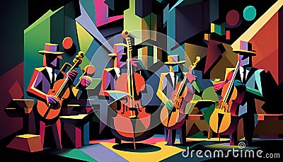 Afro-American New Orleans acoustic male jazz band musicians playing in an abstract cubist style painting Cartoon Illustration