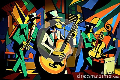 Afro-American New Orleans acoustic male jazz band musicians playing in an abstract cubist style painting Cartoon Illustration