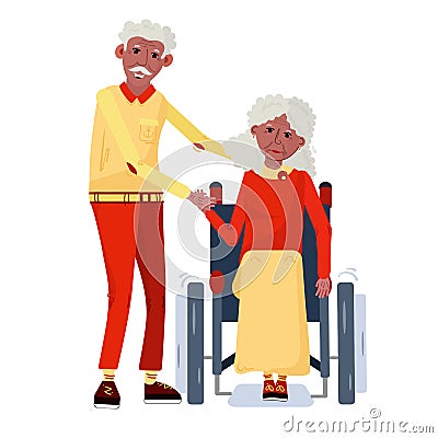 Afro American old couple. Black elderly woman is sitting on the wheelchair, her husband hugs her shoulders. Vector flat Vector Illustration