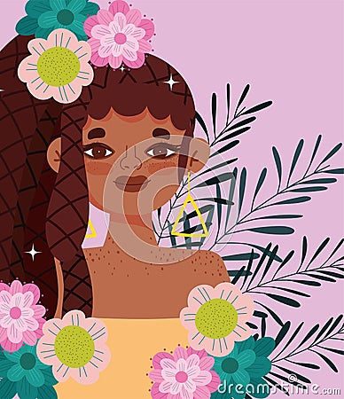 Afro american woman artificial hair braiding cartoon flowers portrait Vector Illustration