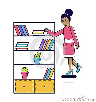 Afro american woman put book in bookcase, female character standing small chair, bookshelf line vector illustration Vector Illustration