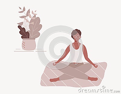 Afro-american woman sitting with her legs crossed on floor and meditating. Young lady in yoga posture doing meditation, Vector Illustration