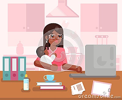 Afro american working mother woman with child home office room interior background flat design concept template vector Vector Illustration