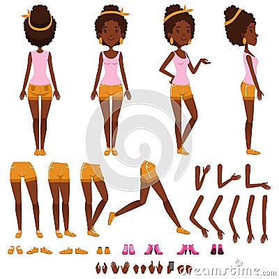 Afro american young woman character creation set, girl with various views, hairstyles, shoes, poses and gestures Vector Illustration