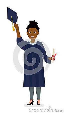 Afro american young woman college graduate in cap and gown with diploma. Cartoon vector character illustration on white background Vector Illustration