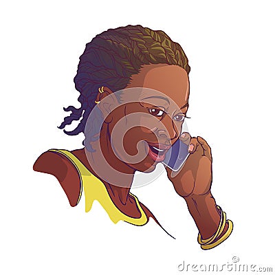 Afro-American young woman with cornrow braids speaking on the phone and smiling. Colored linear sketch isolated on white Vector Illustration