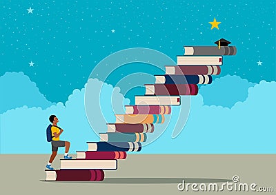 Afro Boy with a backpack climbing the stairs made of books to reach the stars Vector Illustration