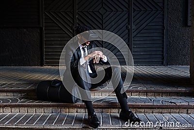 Afro businessman playing virtual reality simulation Stock Photo