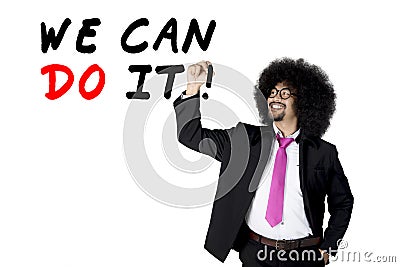Afro businessman writes motivation text Stock Photo