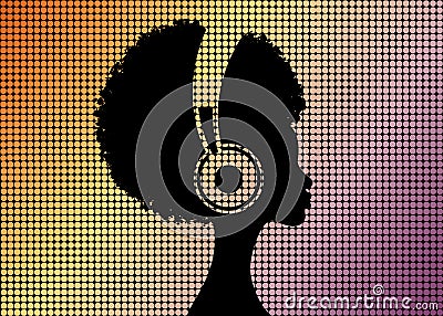 Afro curly girl listens to music on headphones. Music therapy. Profile of a young African American woman. Musician avatar logo Vector Illustration