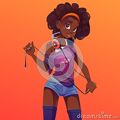 Afro dj girl in headphones on neck, disc jockey Vector Illustration