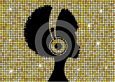 The Afro girl listens to music on headphones. Disco Music concept. Profile of a young African American woman. Musician avatar side Vector Illustration