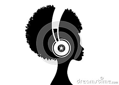 The Afro girl listens to music on headphones. Music therapy. Profile of a young African American woman. Musician avatar side view Vector Illustration