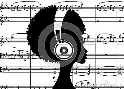The Afro girl listens to music on headphones. Rock Music concept. Profile of a young African American woman. Musician avatar Vector Illustration
