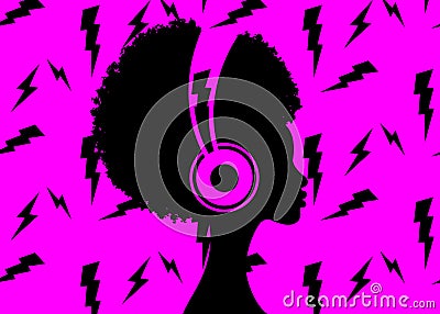 The Afro girl listens to music on headphones. Rock Music concept. Profile of a young African American woman. Musician avatar side Vector Illustration