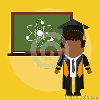 Afro graduate student with class board atom Vector Illustration