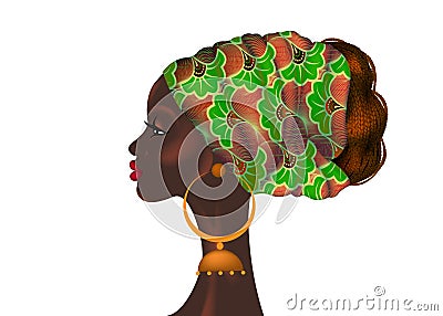 Afro hairstyle, beautiful portrait African woman in wax print fabric turban, diversity concept. Black Queen, ethnic head tie Vector Illustration