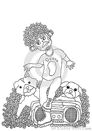 Afro man dance with dogs vector hand drawn funny Vector Illustration