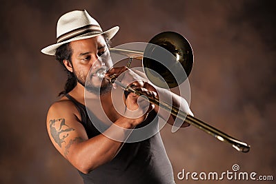 Afro Man Playing Trombone Stock Photo