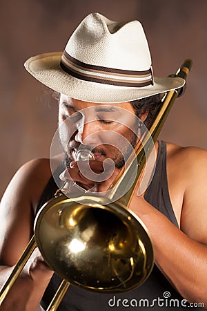 Afro Man Playing Trombone Stock Photo