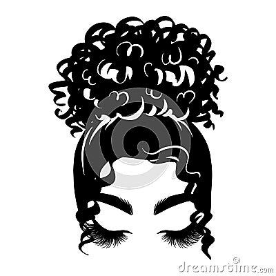 Afro messy hair bun, long black lashes. Vector woman silhouette with Beautiful Eyelashes. Female curly hairstyle. Vector Illustration