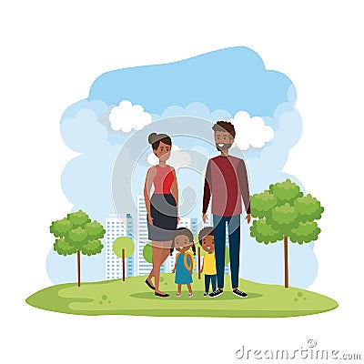 afro parents couple with daughter and son in the park Cartoon Illustration