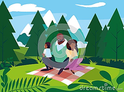 afro parents with son family in landscape natural Cartoon Illustration