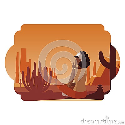 afro woman contemplating horizon in the desert scene Cartoon Illustration