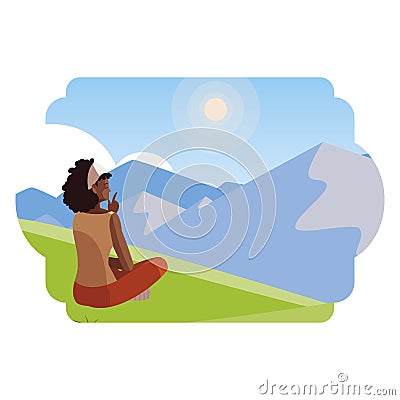 afro woman contemplating the horizon in the field scene Cartoon Illustration