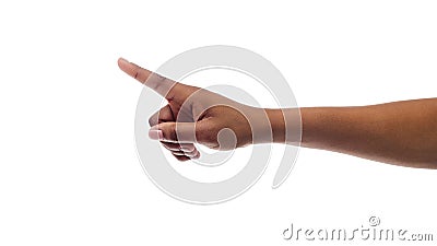 Afro woman`s hand pointing finger at something, isolated on white Stock Photo