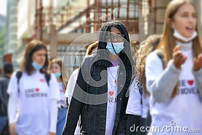 Afroamerican ethnicity girl portrait wearing protective face mask Selective focus Editorial Stock Photo