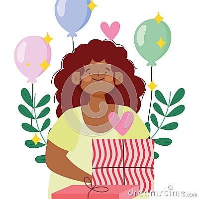 Afroamerican girl gift box and balloons decoration Vector Illustration