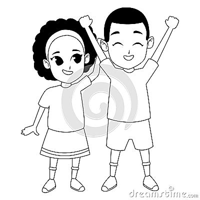 Afroamerican sister and brother smiling cartoon in black and white Vector Illustration