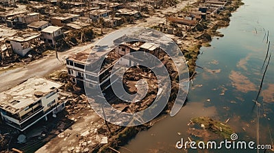 Devastation After Catastrophic Coastal Flood. Submerged Cityscape, Damaged Buildings, and Muddy Waters - Aerial View Stock Photo