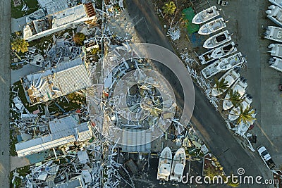 Aftermath of natural disaster in southern Florida. Badly damaged mobile homes after hurricane Ian swept through Editorial Stock Photo