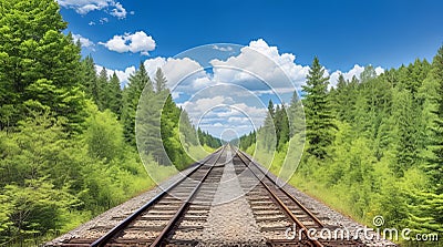 In the afternoon of a summer day, forest trees line a railway. Stock Photo