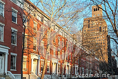 Afternoon sunlight shines on the historic buildings in New York City Stock Photo