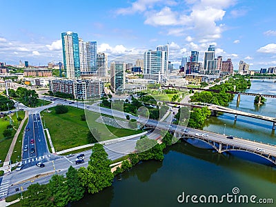 Afternoon Sunshine in Austin , Texas aerial drone view of Skyline Cityscape downtown modern city Editorial Stock Photo