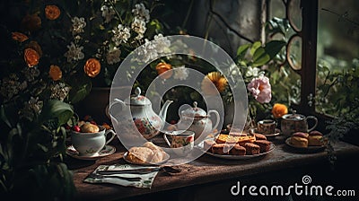 Afternoon tea and cakes in the garden Stock Photo