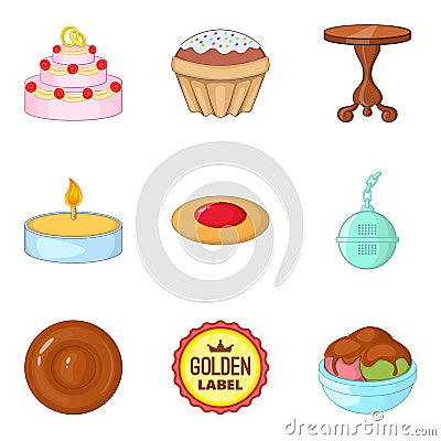 Afternoon tea icons set, cartoon style Vector Illustration