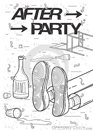 Afterparty placard. Drunk, tired guy asleep, resting of drinking. Funny party poster. Contour black and white Vector Illustration