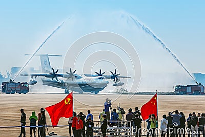 AG600 aircraft returned from its first flight in triumph Editorial Stock Photo