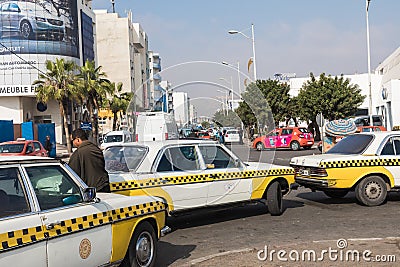 AGADIR, MOROCCO - DECEMBER 15, 2017 : Taxi stand in Agadir, Moro Editorial Stock Photo