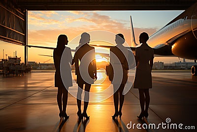 Against a backdrop of a passenger aircraft, four lovely stewardesses stand in hangar sunset Stock Photo